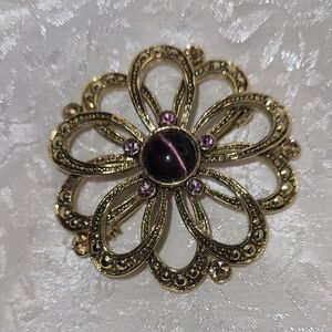 Elegant Gold Toned and Purple Floral Brooch